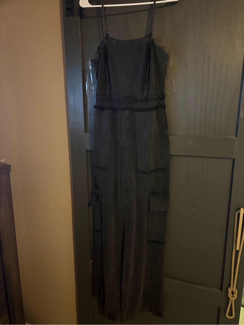 Black Cargo Wide-Leg Jumpsuit with Spaghetti Straps